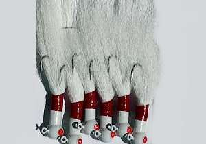 6-pack of white bucktails trimmed with red